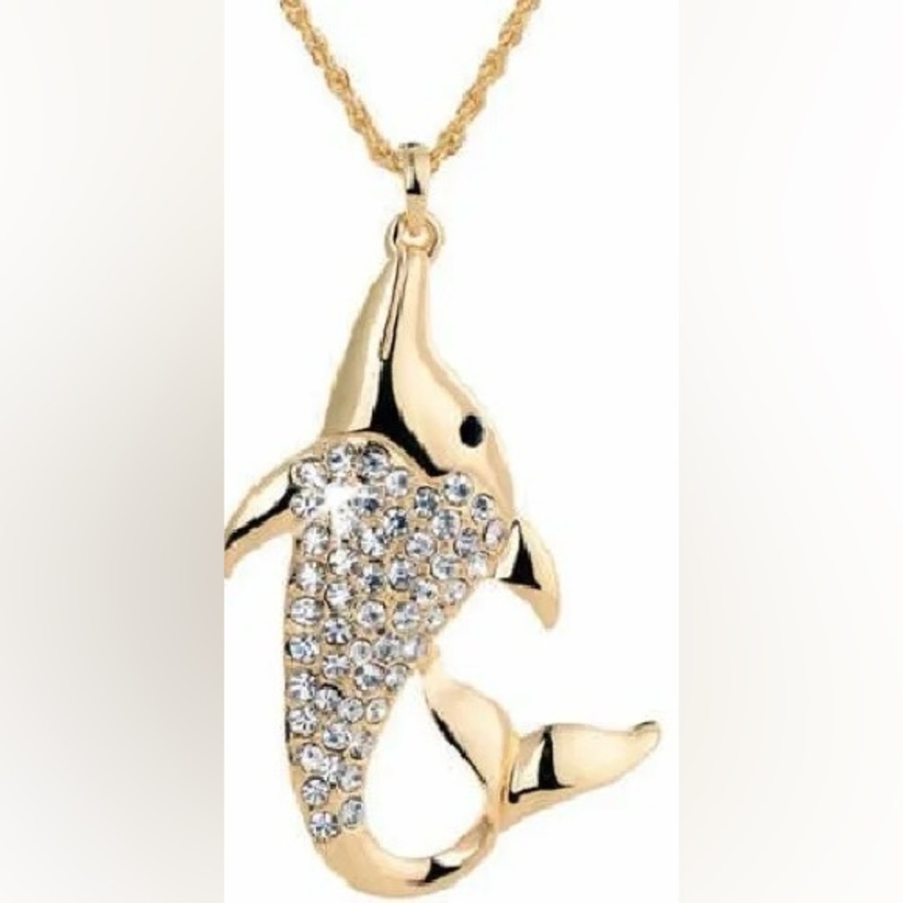 Pave Set Crystal Florida DOLPHIN Pendant Chain fish, ocean pendant Necklace Gold - Picture 2 of 7